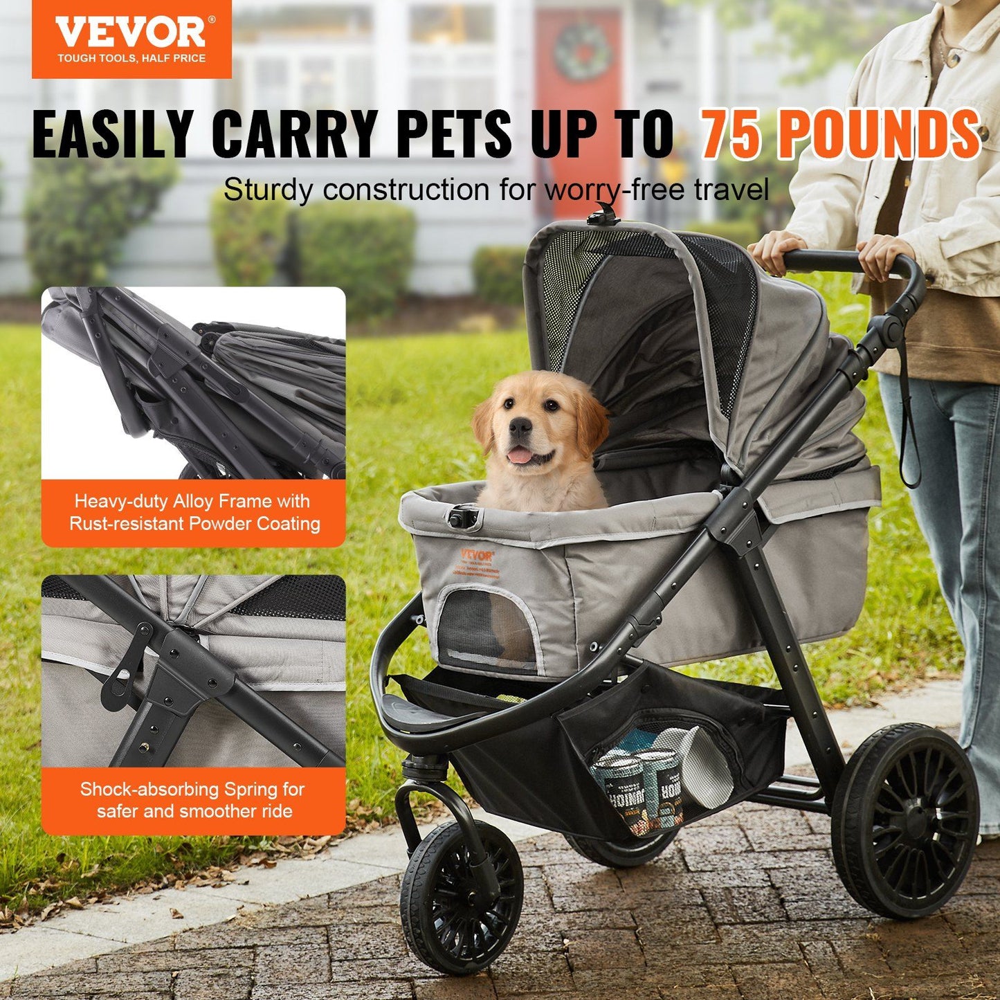 Pet Stroller, 3 PU Wheels Dog Stroller Rotate with Brakes, 75 lbs Weight Capacity, Puppy Stroller with Pet Pad, Storage Basket and External Cup Holder, for Small to Medium Sized Dogs, Grey