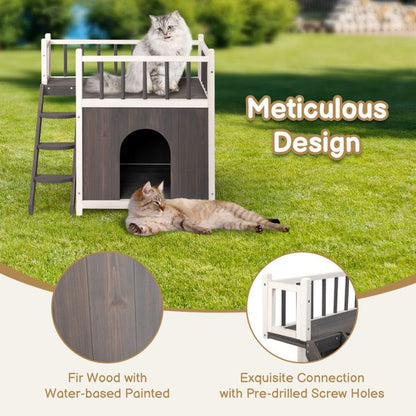 2-Story Wooden Feral Cat House Dog House for Outdoor and Indoor, Pet House with Stairs, Grey & White