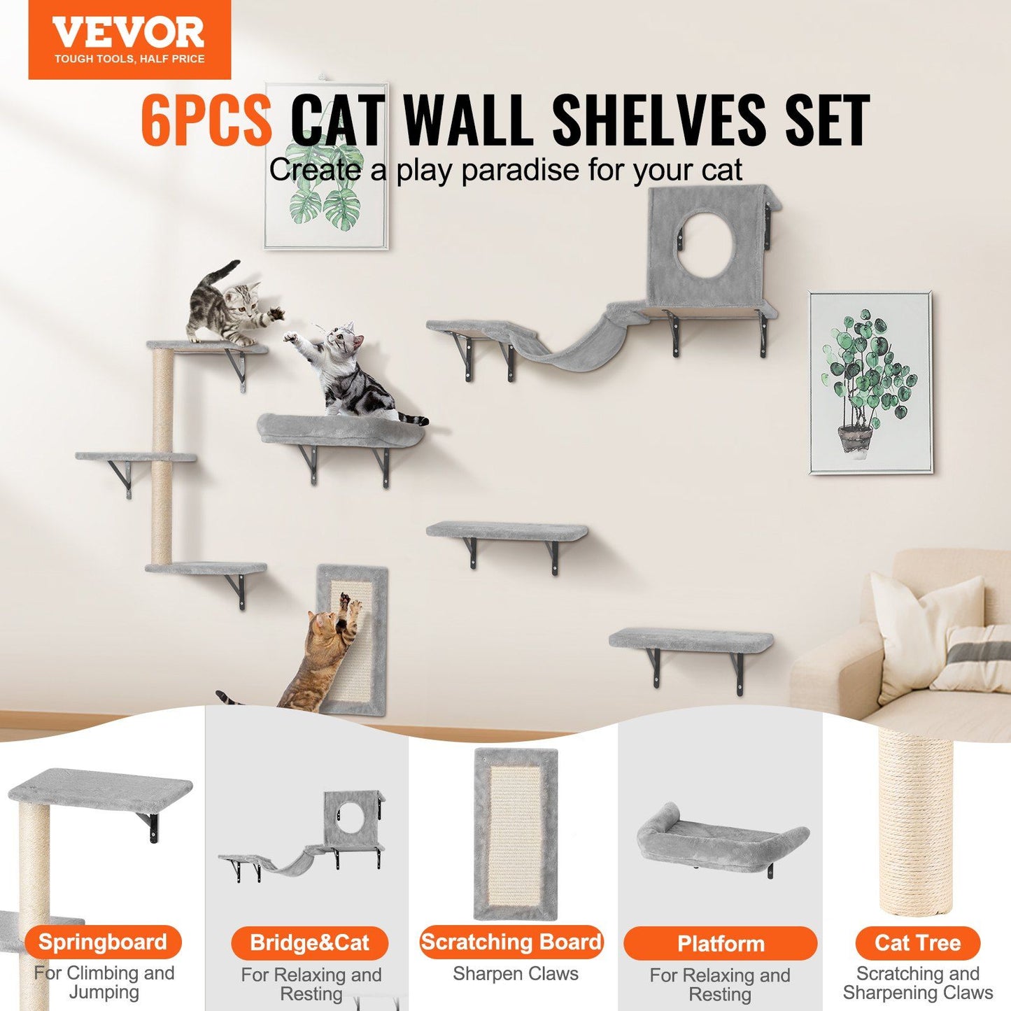 Wall Mounted Cat Shelves Tree with Jump Boards Hammock Sofa Grip Set of 6