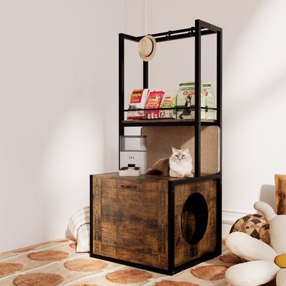 55"Refined Litter Box Enclosure with Storage Shelves and 2 Hanging Clothes Rack,Rustic Brown