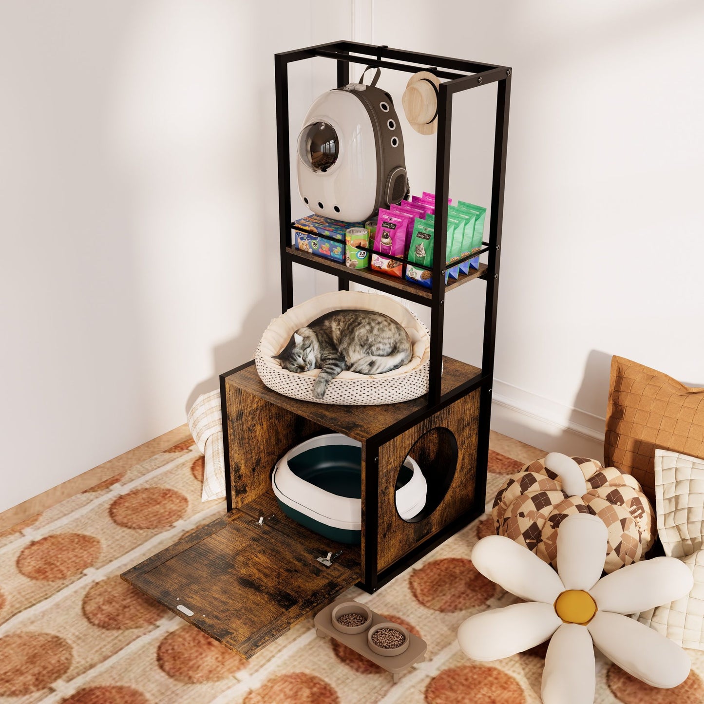 55"Refined Litter Box Enclosure with Storage Shelves and 2 Hanging Clothes Rack,Rustic Brown