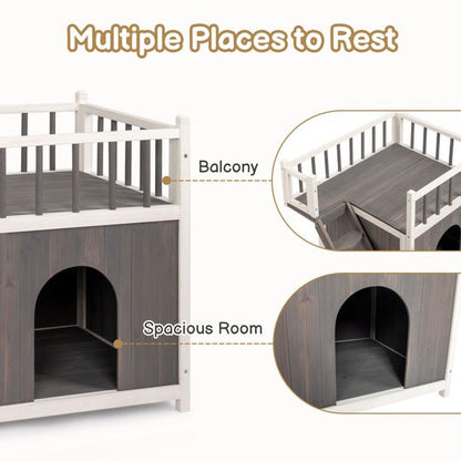 2-Story Wooden Feral Cat House Dog House for Outdoor and Indoor, Pet House with Stairs, Grey & White