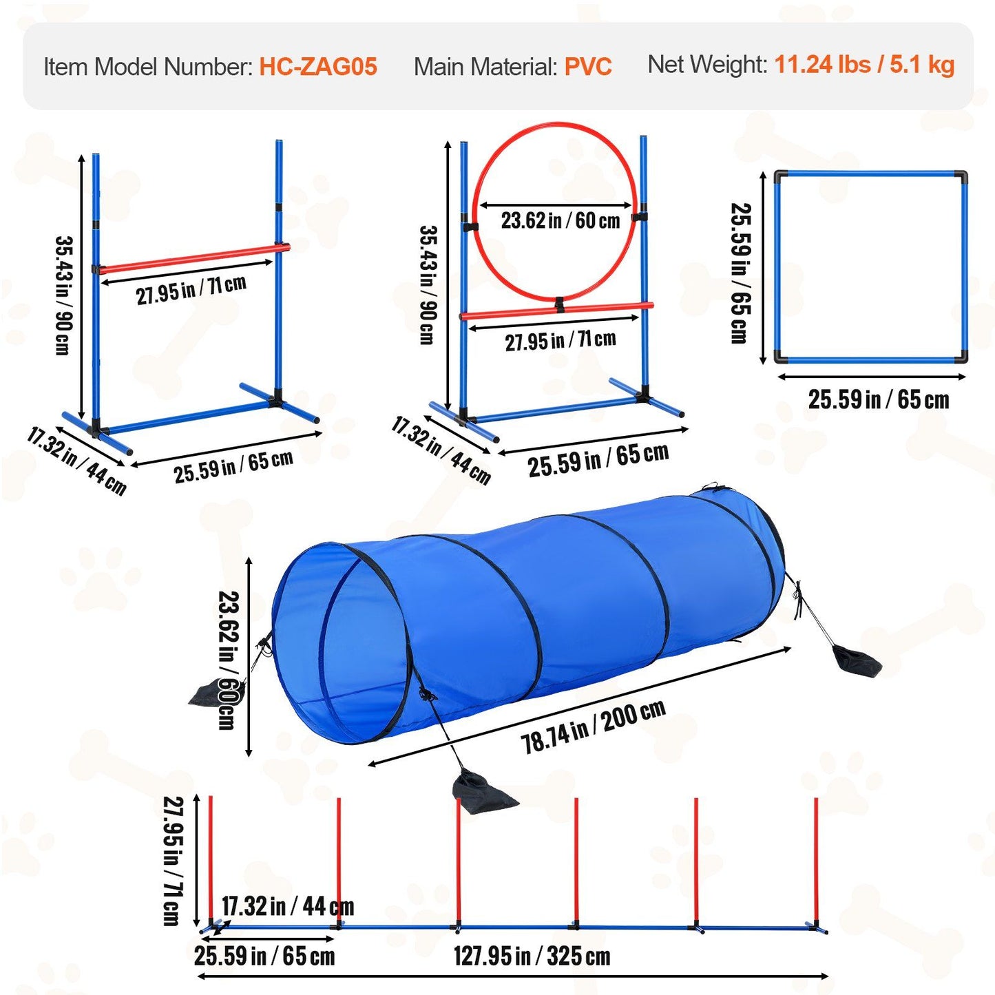 Dog Agility Training Equipment 5 PCS Set with Hurdles Tunnel Jump Ring