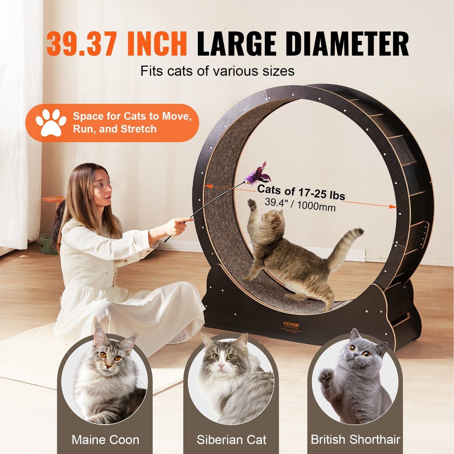 Cat Exercise Wheel, Large Cat Treadmill Wheel for Indoor Cats, 43.3 inch Cat Running Wheel with Detachable Carpet and Cat Teaser for Running/Walking/Training, Suitable for Most Cats