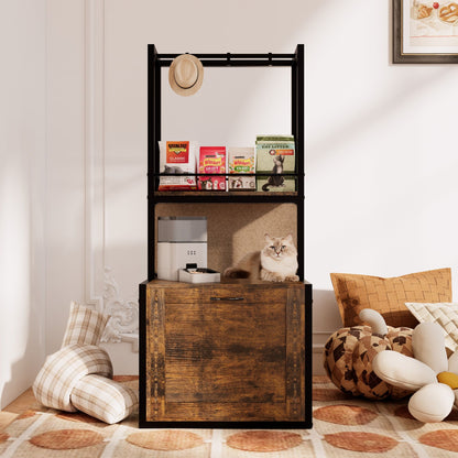 55"Refined Litter Box Enclosure with Storage Shelves and 2 Hanging Clothes Rack,Rustic Brown