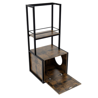 55"Refined Litter Box Enclosure with Storage Shelves and 2 Hanging Clothes Rack,Rustic Brown