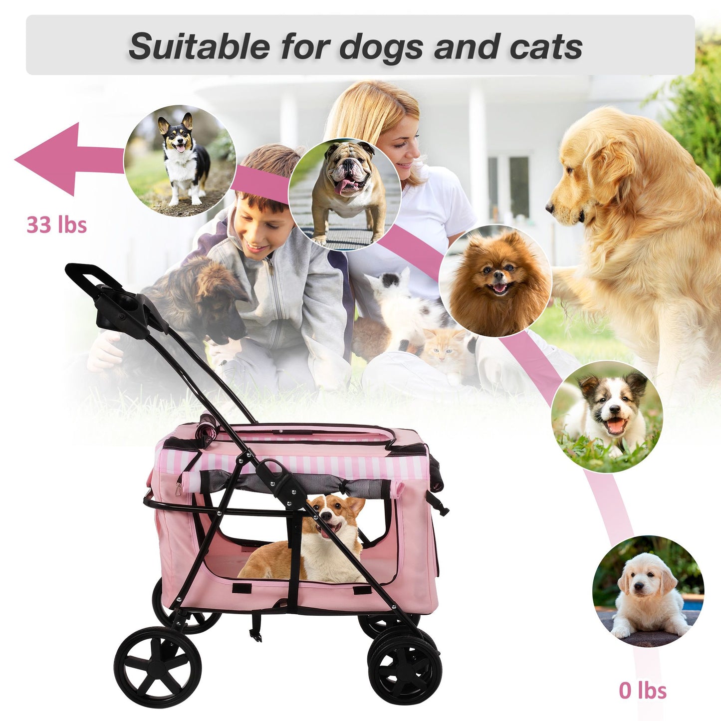 3-in-1 Folding Travel Pet Carrier Dog Cat Stroller with Water Cup Holder, Pink