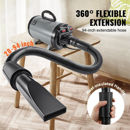 Dog Dryer, 2800W/4.3HP Dog Blow Dryer, Pet Grooming Dryer with Adjustable Speed and Temperature Control, Pet Hair Dryer with 4 Nozzles and Extendable Hose, Grey and Black