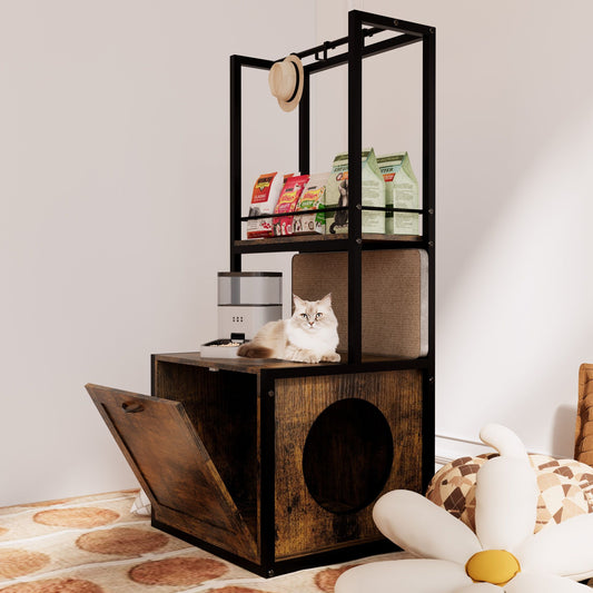 55"Refined Litter Box Enclosure with Storage Shelves and 2 Hanging Clothes Rack,Rustic Brown