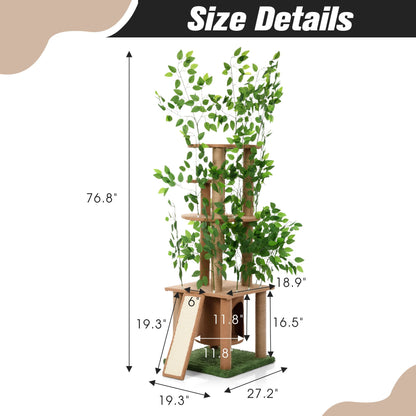 Cat Tree with Artificial Leaves, Cat Condo and Scratching Post