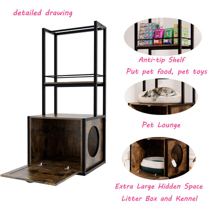 55"Refined Litter Box Enclosure with Storage Shelves and 2 Hanging Clothes Rack,Rustic Brown