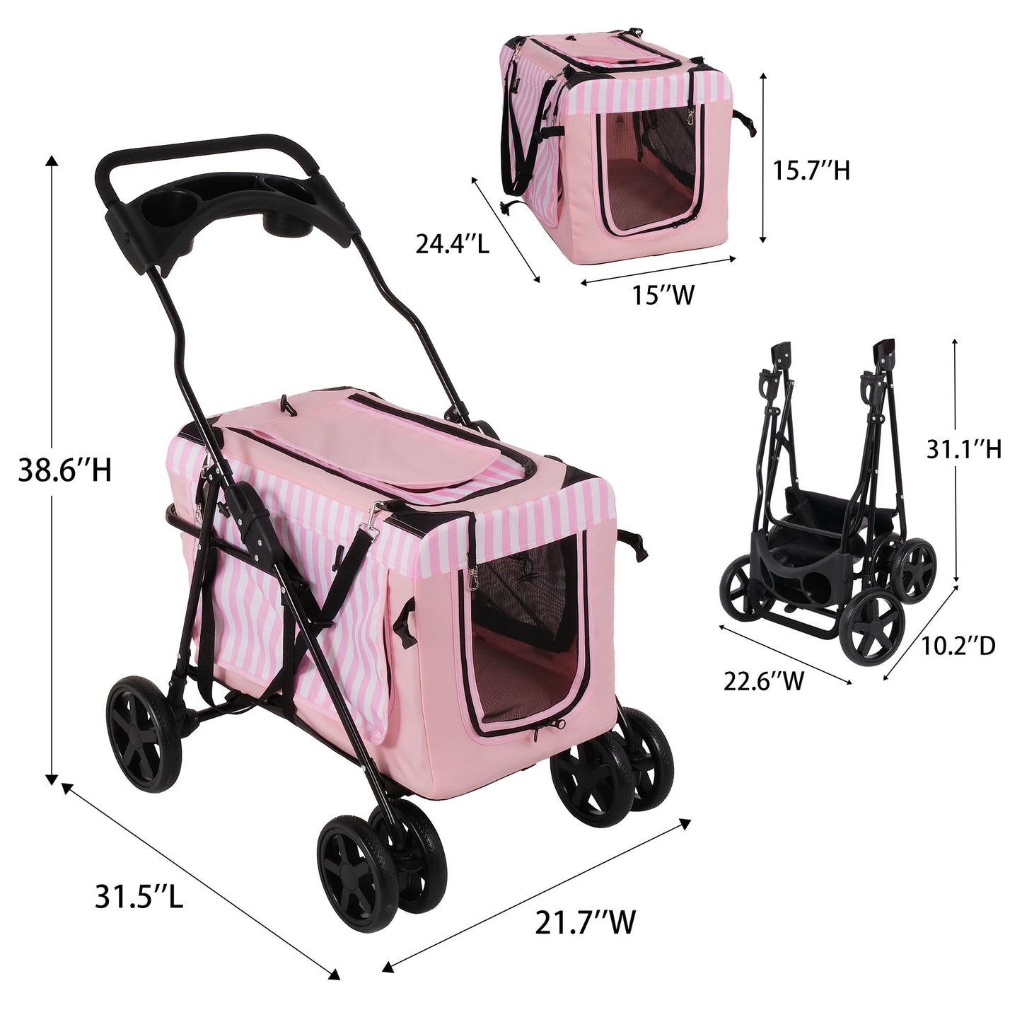 3-in-1 Folding Travel Pet Carrier Dog Cat Stroller with Water Cup Holder, Pink