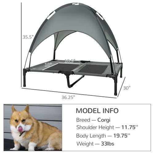 Elevated Portable Dog Cot Pet Bed with UV Protection Canopy Shade, 36 inch, Gray