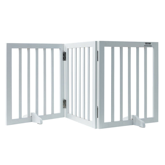 Free Standing Dog Gate, 24" H x 60" W Freestanding Pet Gate, 3 Panels Foldable Dog Gate for Wide and Narrow Passageways, Expandable Dog Barrier with Silent Foot Support for Indoor, White