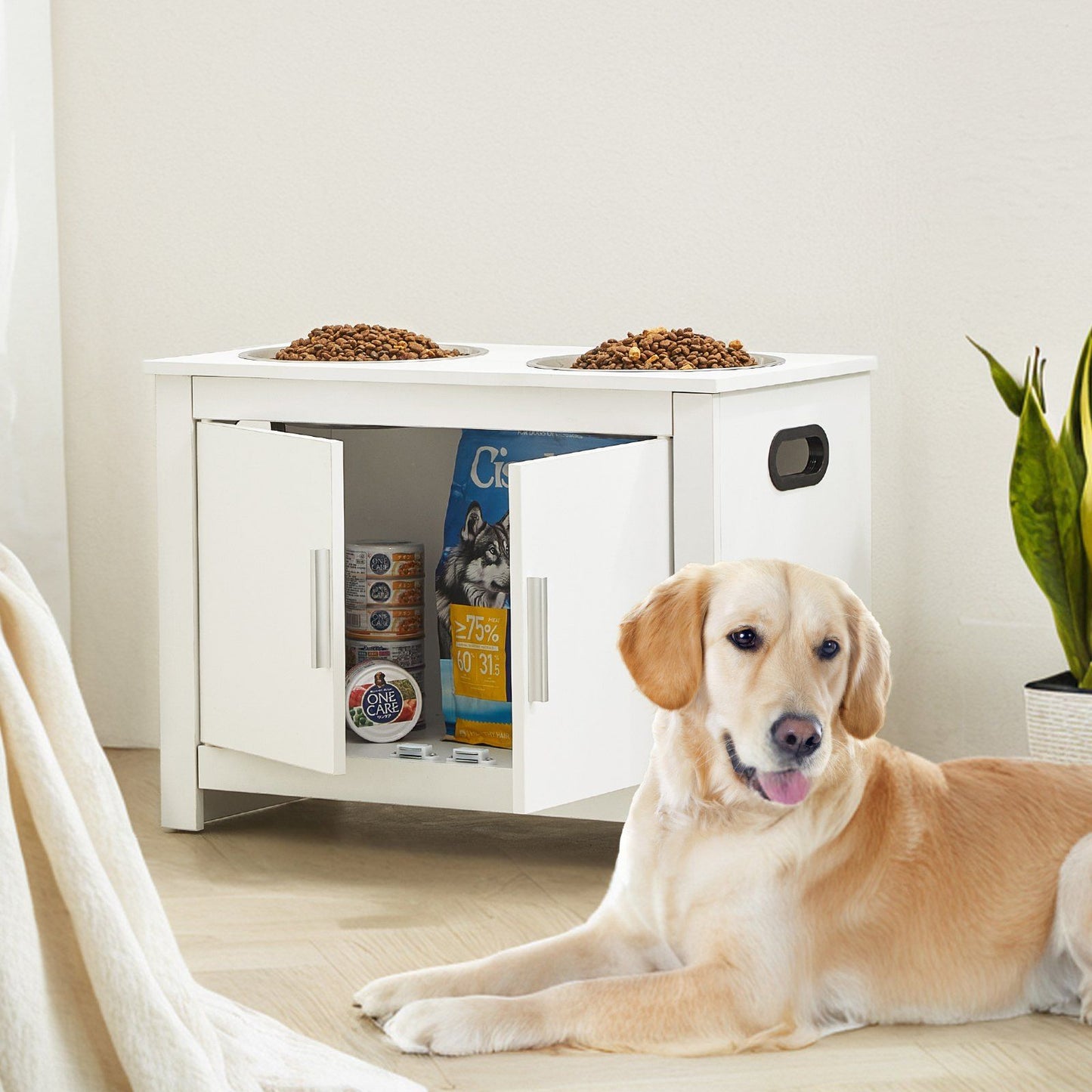 Pet Feeding Station w/ 2 Elevated Dog Bowls Dog Food & Toy Storage Cabinet