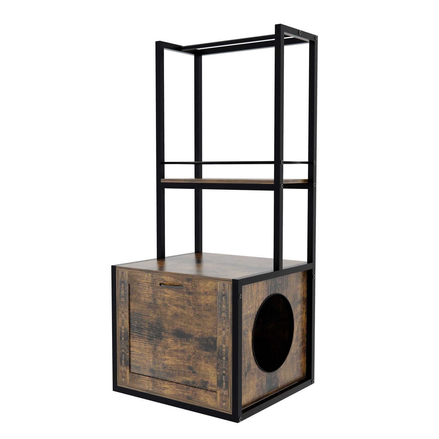 55"Refined Litter Box Enclosure with Storage Shelves and 2 Hanging Clothes Rack,Rustic Brown