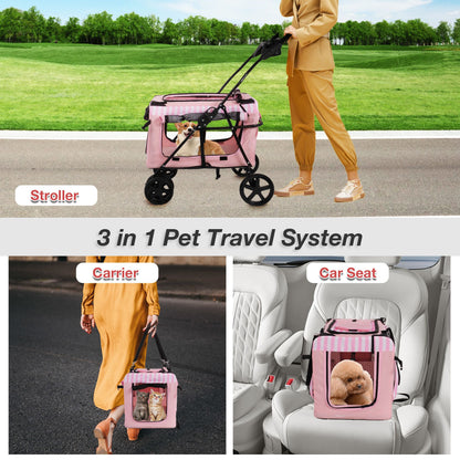 3-in-1 Folding Travel Pet Carrier Dog Cat Stroller with Water Cup Holder, Pink