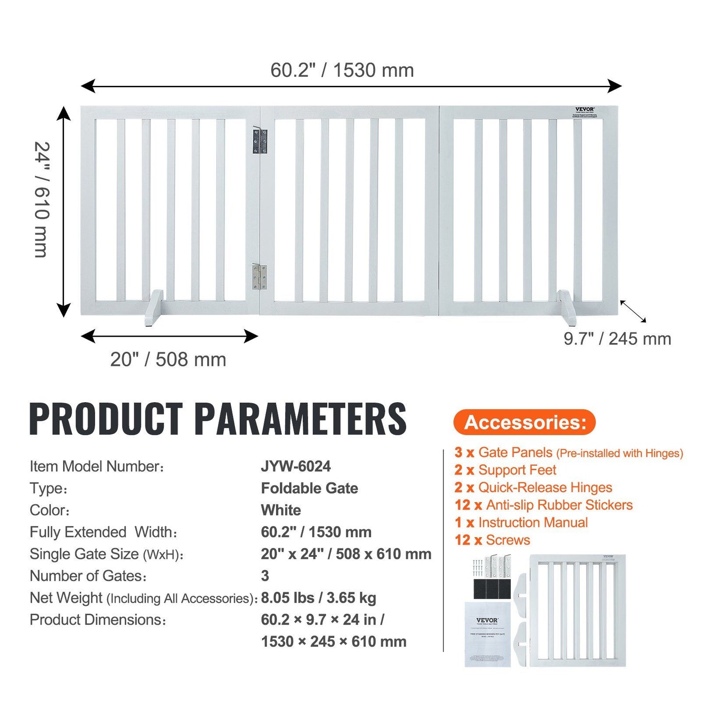 Free Standing Dog Gate, 24" H x 60" W Freestanding Pet Gate, 3 Panels Foldable Dog Gate for Wide and Narrow Passageways, Expandable Dog Barrier with Silent Foot Support for Indoor, White