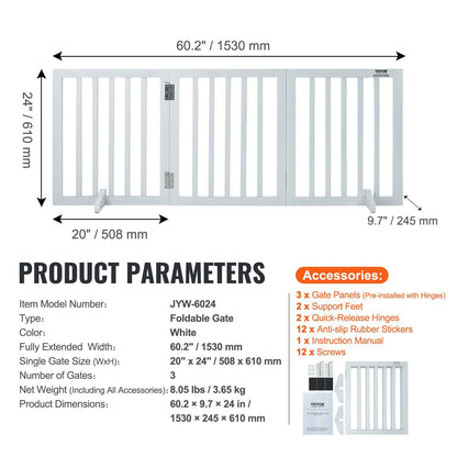 Free Standing Dog Gate, 24" H x 60" W Freestanding Pet Gate, 3 Panels Foldable Dog Gate for Wide and Narrow Passageways, Expandable Dog Barrier with Silent Foot Support for Indoor, White