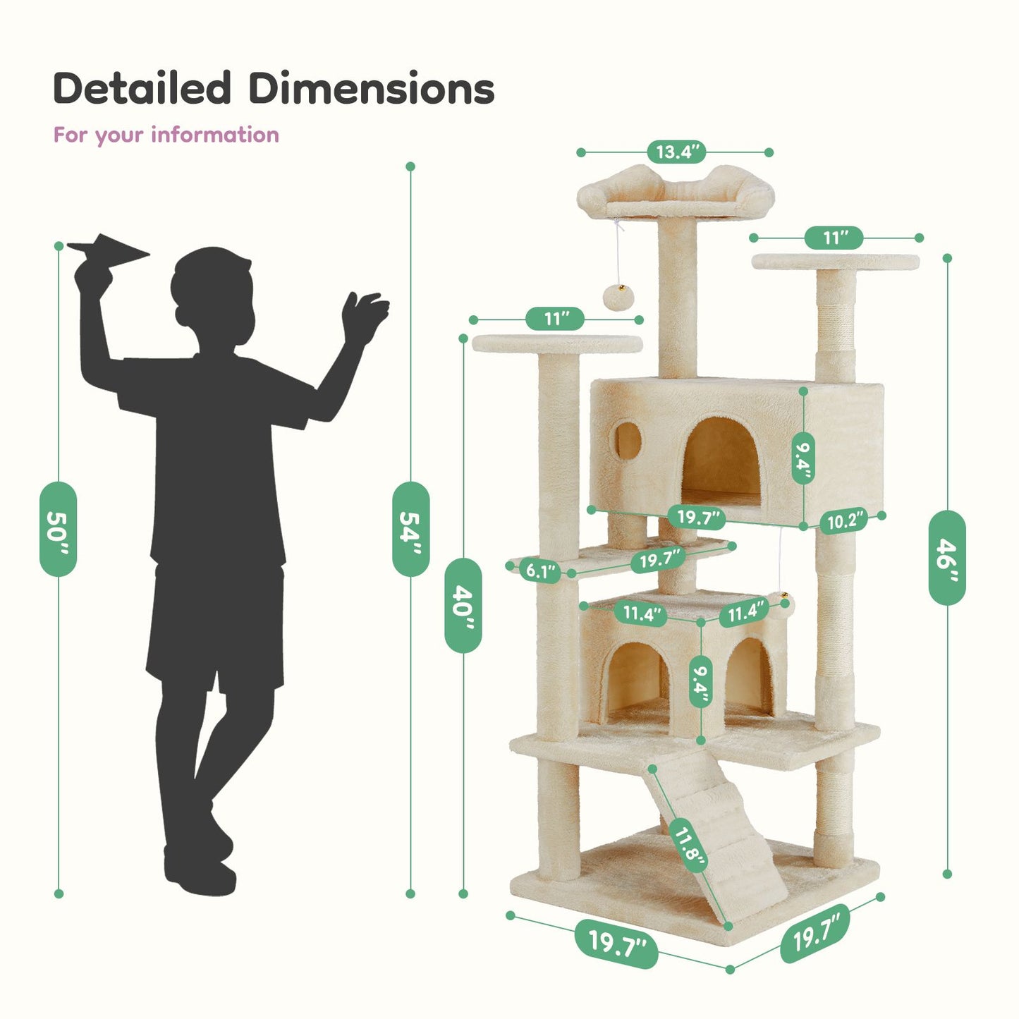 54in Cat tree, indoor cat high-rise multi-story tower, pet playroom with large apartment, beige