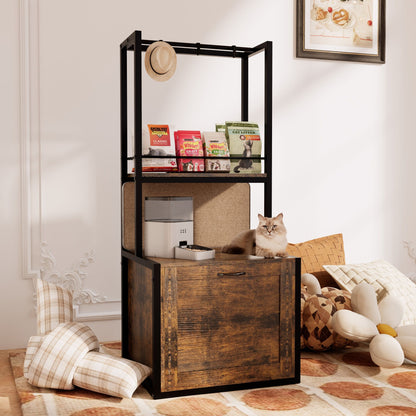 55"Refined Litter Box Enclosure with Storage Shelves and 2 Hanging Clothes Rack,Rustic Brown