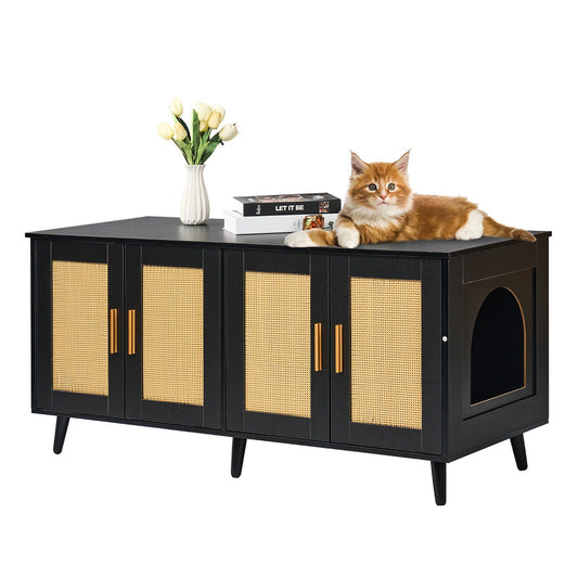 Cat Litter Box Enclosure Wooden Litter Box Furniture Hidden 2 Rooms Black