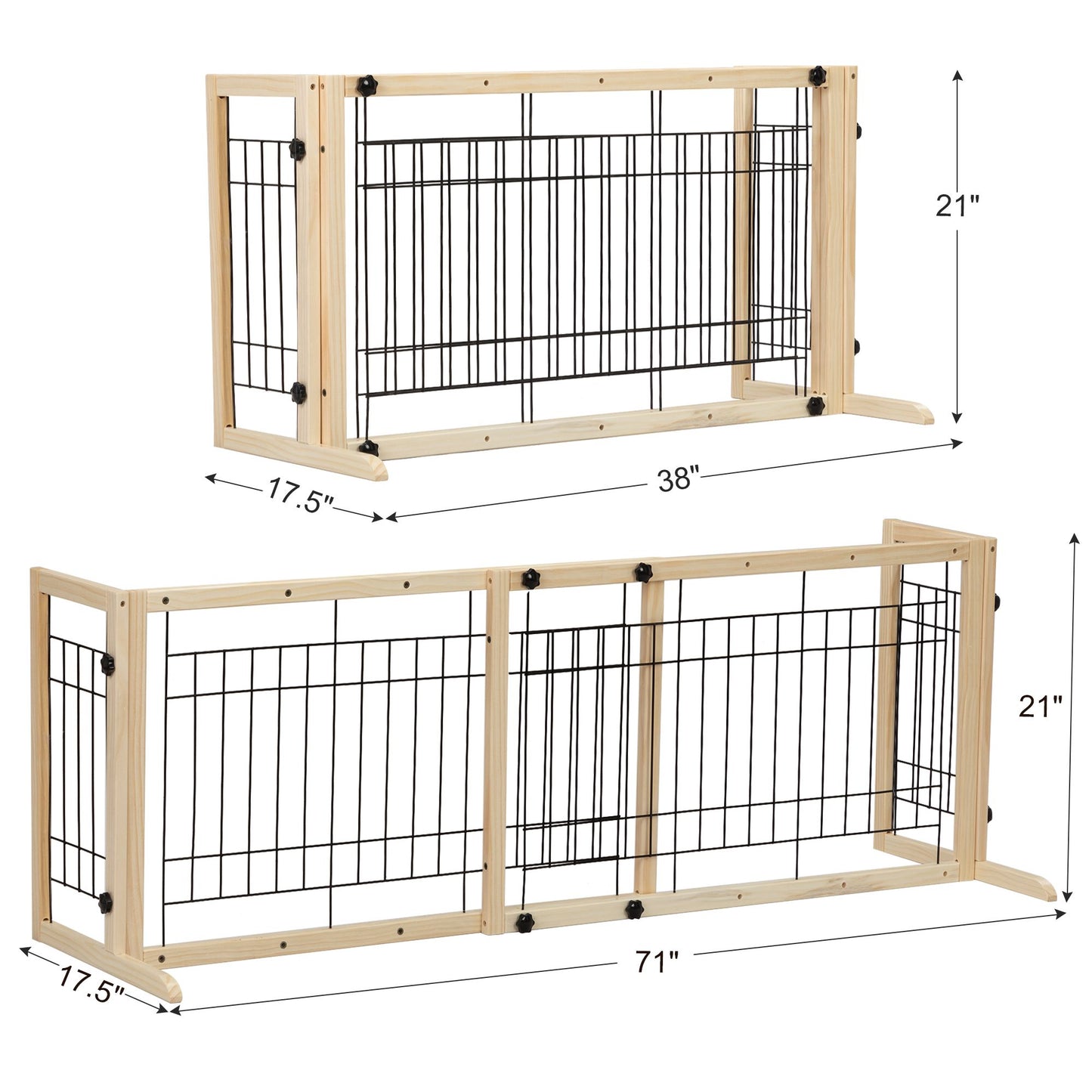 Wood Freestanding Pet Gate;  38"-71" Length Adjustable Dog Gate;  Safety Fence for Stairs Doorways;  Natural