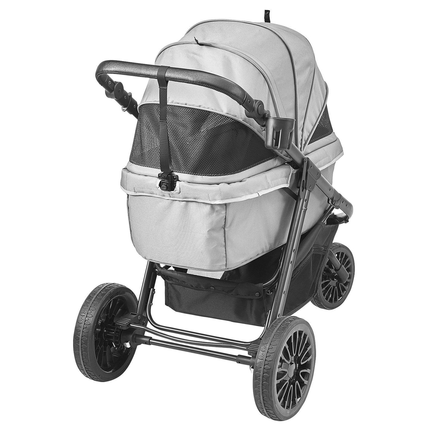 Pet Stroller, 3 PU Wheels Dog Stroller Rotate with Brakes, 75 lbs Weight Capacity, Puppy Stroller with Pet Pad, Storage Basket and External Cup Holder, for Small to Medium Sized Dogs, Grey