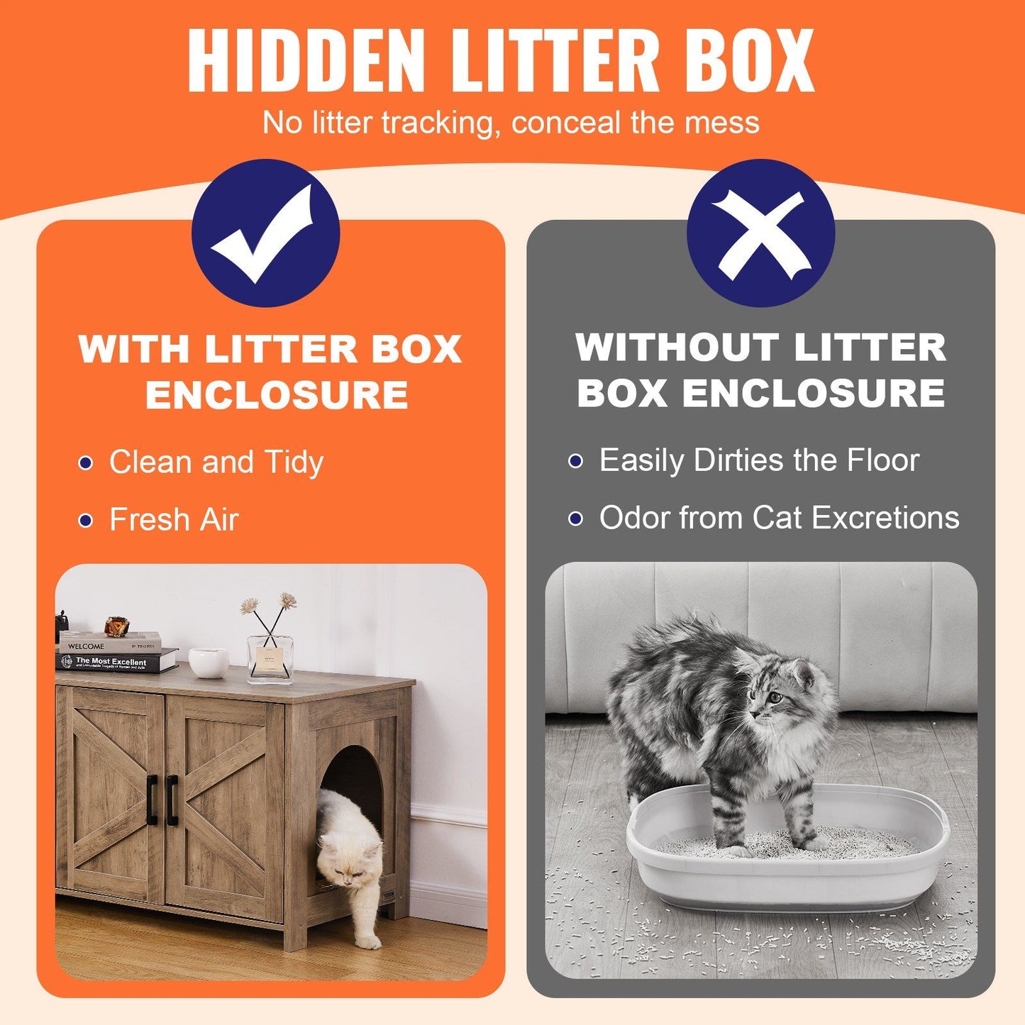 Cat Litter Box Enclosure Wooden Litter Box Furniture Hidden 2 Rooms Greige