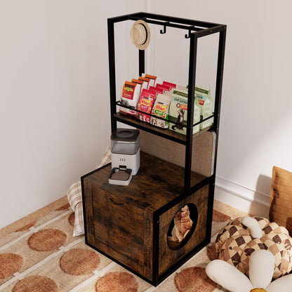 55"Refined Litter Box Enclosure with Storage Shelves and 2 Hanging Clothes Rack,Rustic Brown