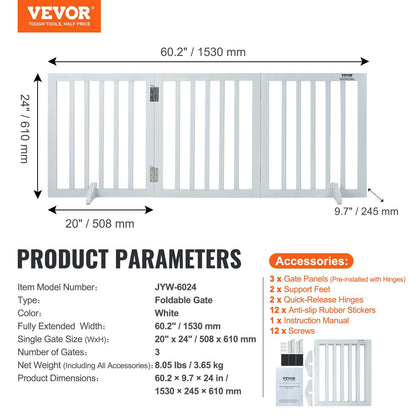 Free Standing Dog Gate, 24" H x 60" W Freestanding Pet Gate, 3 Panels Foldable Dog Gate for Wide and Narrow Passageways, Expandable Dog Barrier with Silent Foot Support for Indoor, White