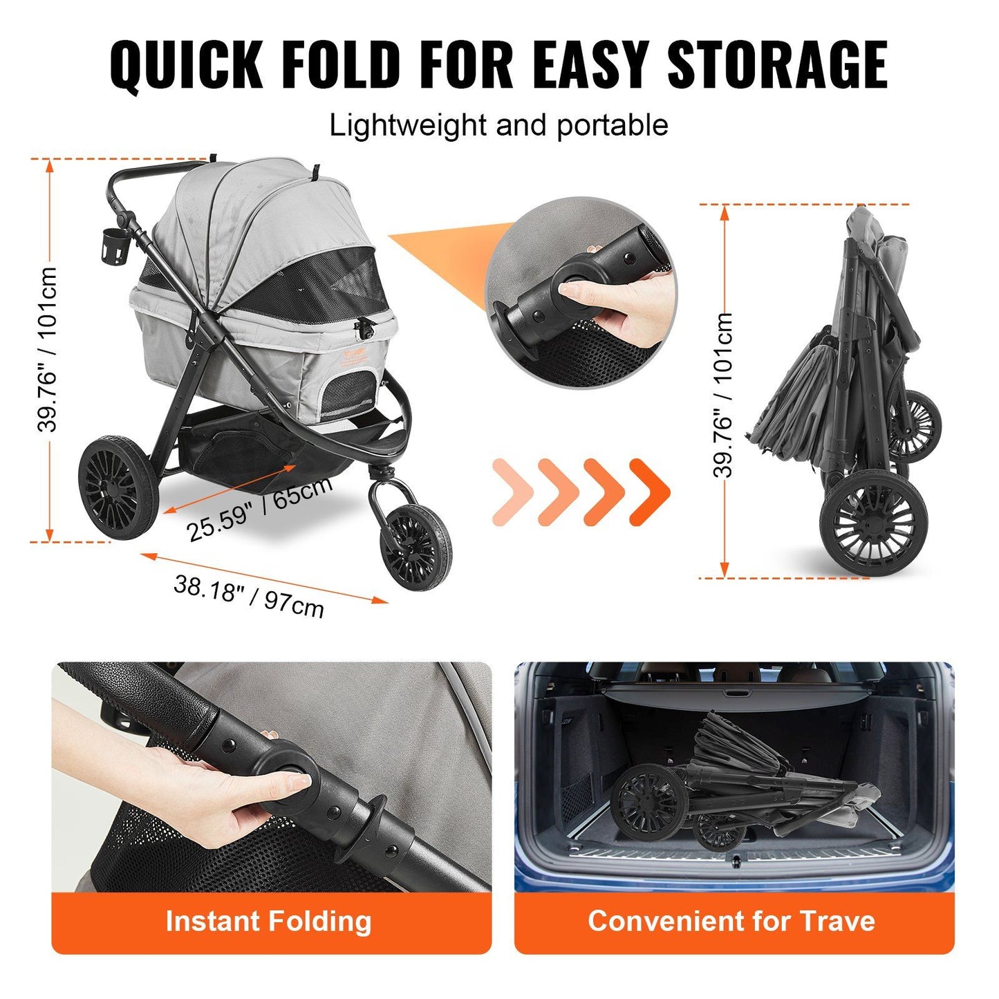 Pet Stroller, 3 PU Wheels Dog Stroller Rotate with Brakes, 75 lbs Weight Capacity, Puppy Stroller with Pet Pad, Storage Basket and External Cup Holder, for Small to Medium Sized Dogs, Grey