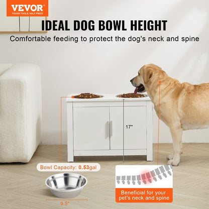 Pet Feeding Station w/ 2 Elevated Dog Bowls Dog Food & Toy Storage Cabinet