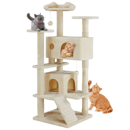 54in Cat tree, indoor cat high-rise multi-story tower, pet playroom with large apartment, beige